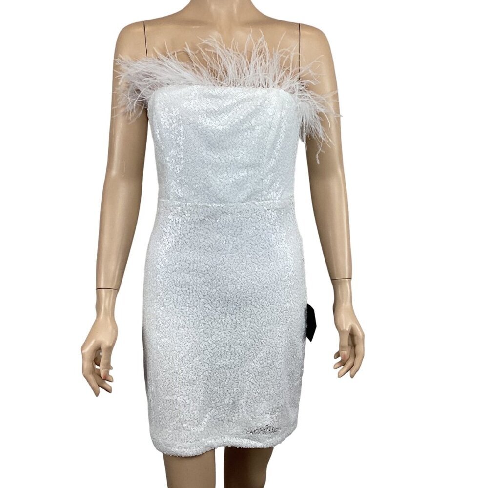 Lulus NWT White Sequin Strapless Feather Trim Mini Dress‎ Medium Formal Evening